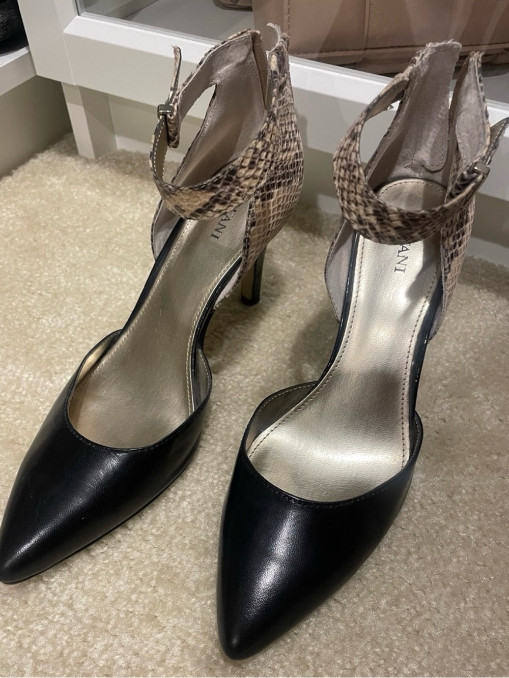 2 Pairs of Alfani Black Pointed Toe Pumps with Snake-Print Ankle Strap